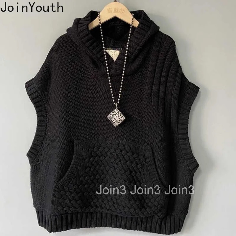 2025 Women Clothing Knitting Sweater Vest Hooded Casual Fashion Waistcoat Solid Color Casual Oversized Tops Korean Tanks Tops