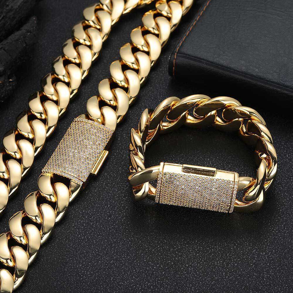 Hip Hop Jewelry Zircon Flip Buckle Smooth Cuban Necklace Accessories Gold Men's Bracelet 2606
