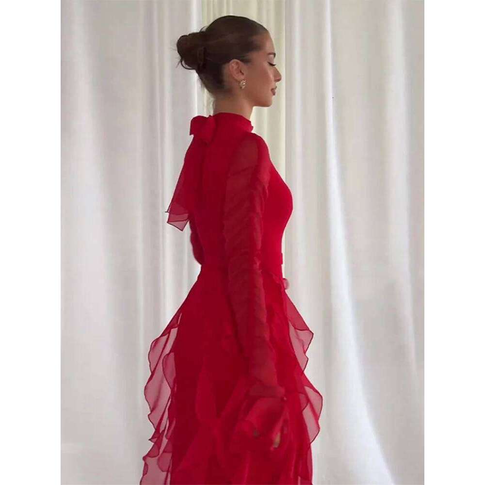 Solid Side Ruffle Women Long Dresses Elegant O Neck Butterfly Sleeve Female Dress 2024 New Chic Autumn Evening Party Muslim Robe