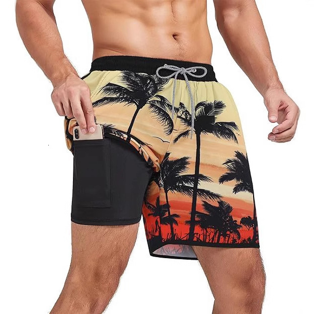 Shipping Designer Beach Pants2025 European And American Cross-border 3D Digital Print European And American Men's Youth Double-layer Beach Shorts