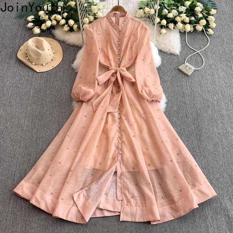 Elegant Maxi Dresses Women Clothing Stand Neck Lantern Sleeve Temperament Robe Femme 2025 Vestidos De Mujer Diamond Summer Dress