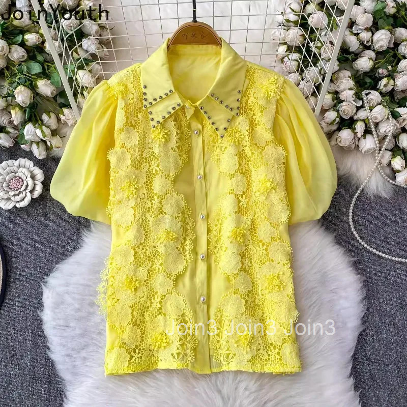 Vintage Womens Shirts 2025 Blusas Mujer De Moda Diamond Puff Sleeve Summer Tops Lace Hollow Out Loose Floral Blouses Female