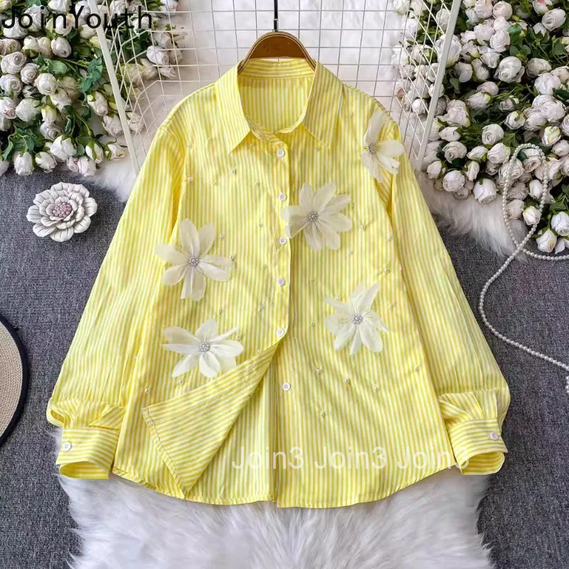 2025 Blusas Mujer De Moda Fashion Striped Blouses Womens Clothing Chic Beading Long Sleeve 3D Floral Loose Summer Shirt Tops
