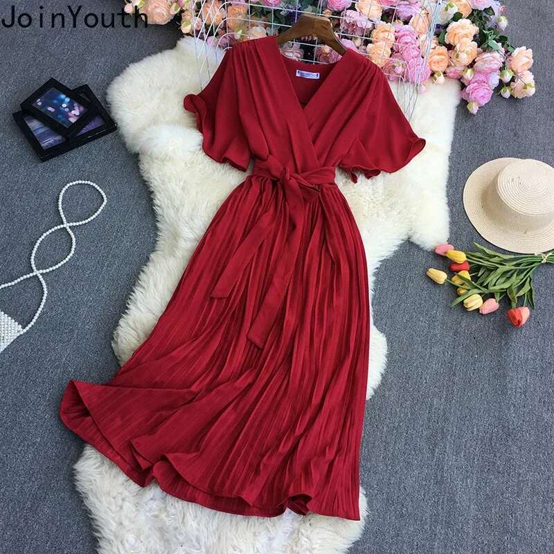 Maxi Dresses for Women V-neck Korean Vintage Long Robe 2025 Vestidos De Mujer Bandage Dress Fashion Pleated Summer clothes