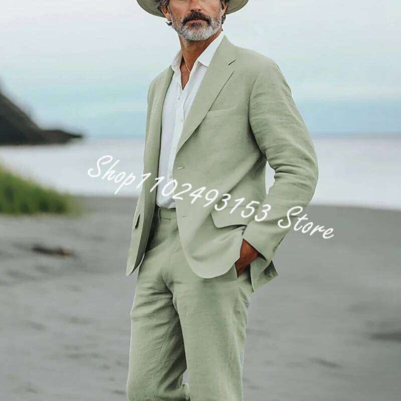 Green Linen Men Suits Notched Lapel Blazer Single Breasted Wedding Travel Summer Men's 2 Piece Suit Jacket Pants Costume Homme