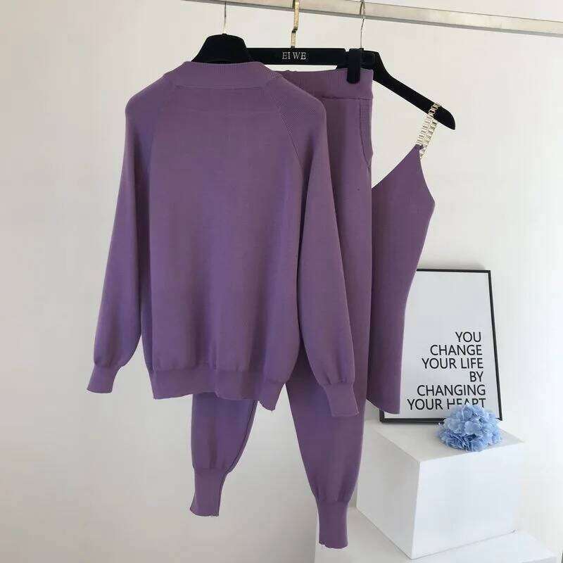 Designer Leisure High Quality 3 piece knitted set Zipper cardigan jacket+pencil pant+camisole matching sets Purple black khaki outfits for women