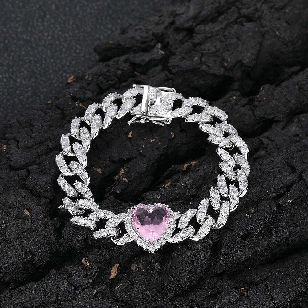 10mm Pink Zircon Accessories Hip Hop Heart Cuban Chain Women's Bracelet 0656