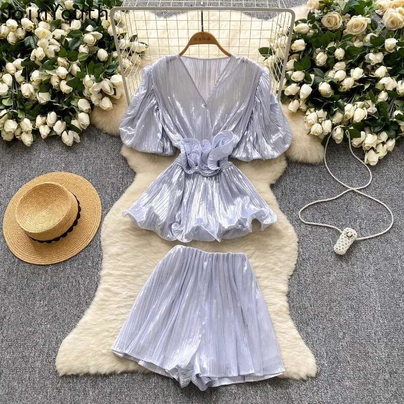 Shorts Suit Chic 2 Piece Sets Womens Outfits Slim Waist Puff Sleeve V-neck Shirts High Waist Wide Leg Shorts Set Roupas Femme