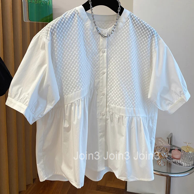 2025 Blusas Mujer De Moda White Women Blouse O-neck Patchwork Puff Sleeve Oversized Tops Vintage Irregular Summer Blouses Shirts