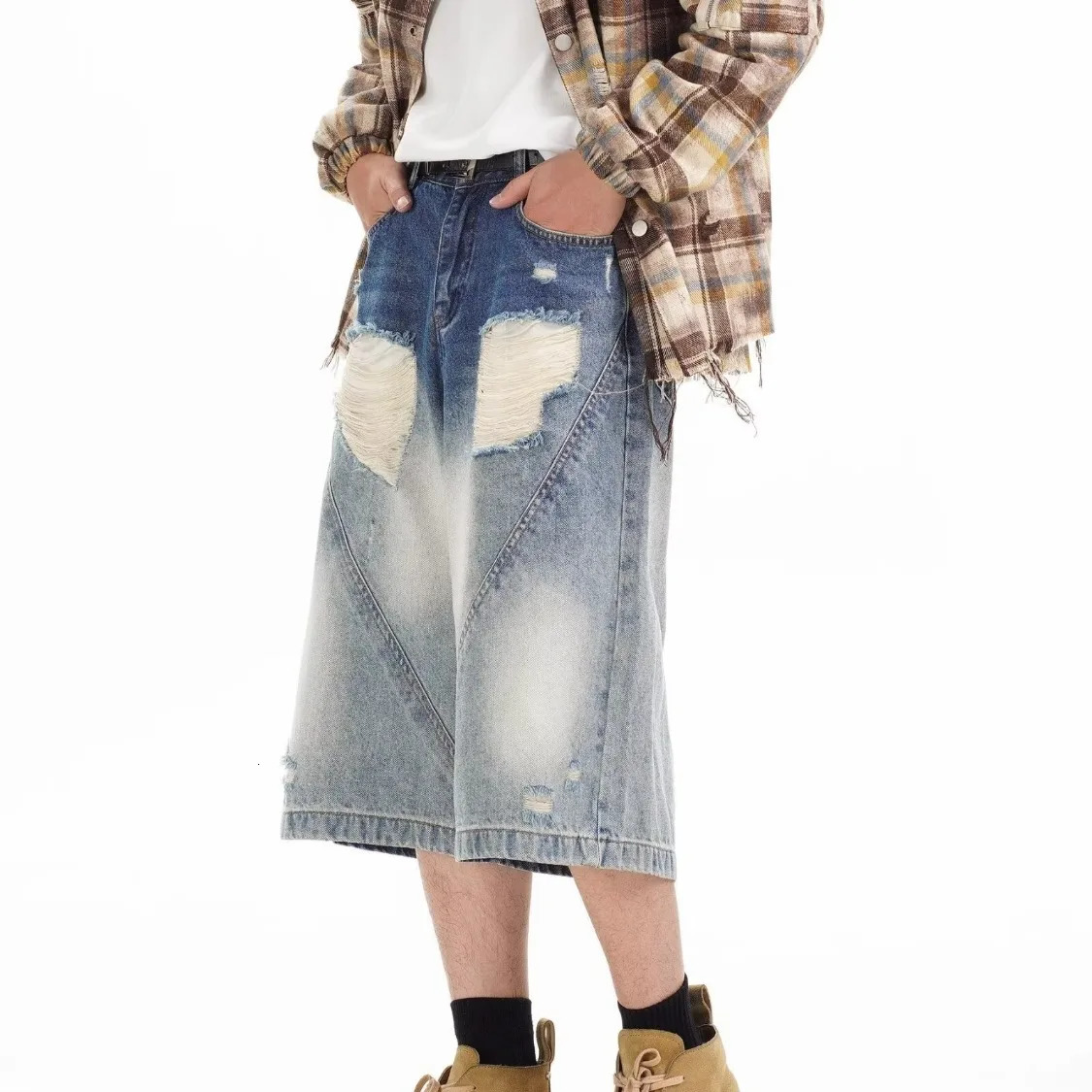 DM Mens Ripped Denim Shorts Vintage Knee Length Jean Shorts Streetwear Korean Oversize Cowboy Short Pants 250618