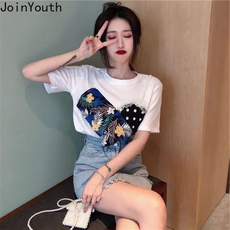 Contrast Color Tshirts for Women Summer Tees Fashion Korean Camisetas Print Beading Casual Tops Short Sleeve Loose Y2k T Shirt