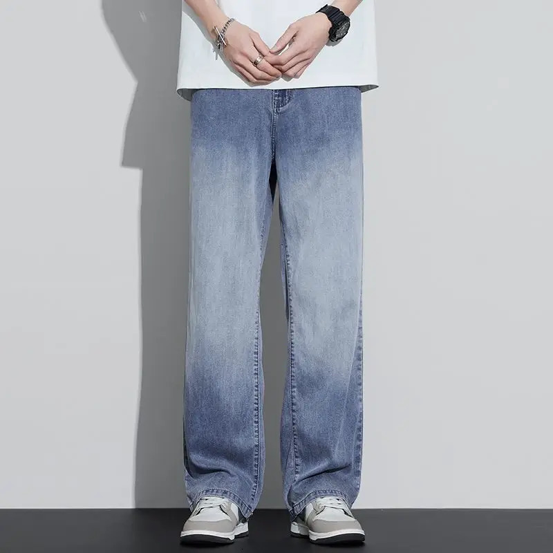 Summer thin Lyocell Tencel jeans for men straight leg loose fit wide leg drooping sensation gradient polished white pants 250617