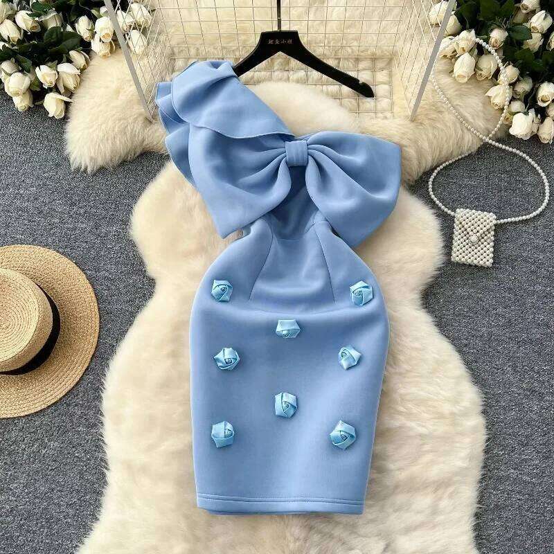 Women Diagonal Collar Vintage Ruffle Sleeve Elegant Butterfly Three-Dimensional Floral Slim Dresses Evening High Street Clothing
