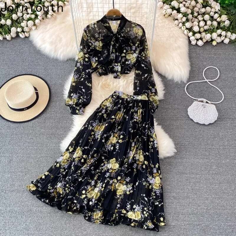 Skirt Outfits Women Clothing 2 Piece Sets Bandage Bow Long Sleeve Shirt High Waist Pleated Skirt Suit Fashion Floral Chiffon Set