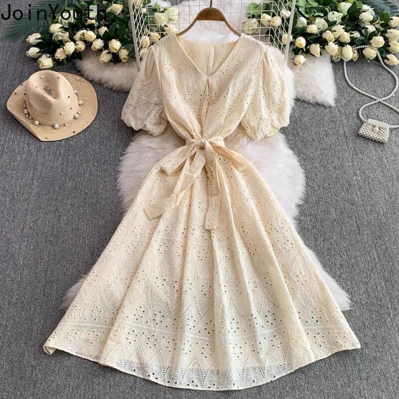 Summer Womens Dress V-neck Puff Sleeve Slim Waist Robe Femme Hollow Out Bandage Vintage White Dresses 2025 Vestidos De Mujer