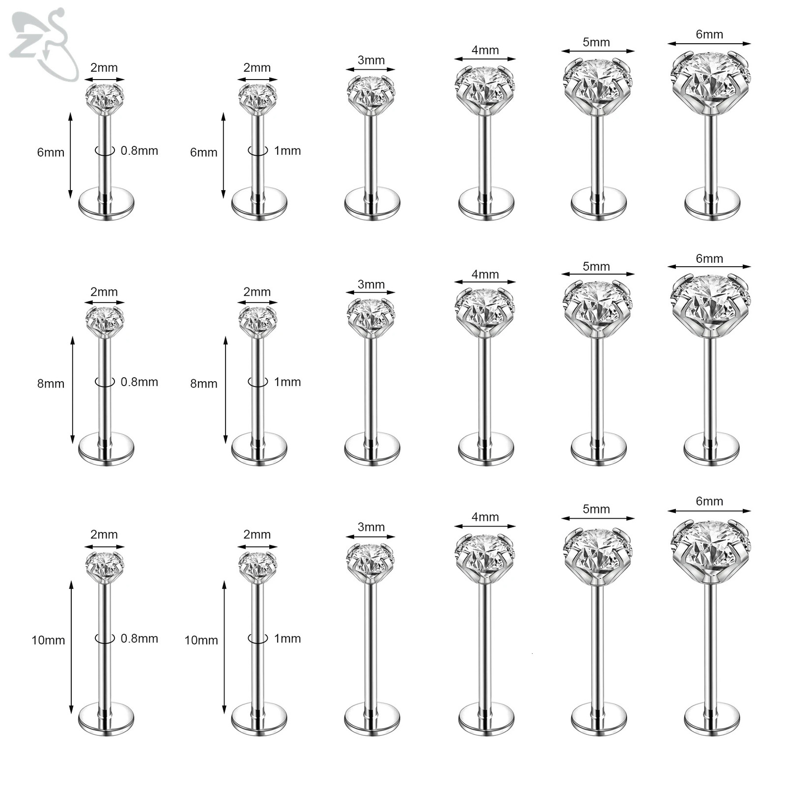 ZS 10 Pcs/lot Plug-In 16/18/20G Stainless Steel Labret Lip Piercing Men CZ Crystal Cartilage Tragus Helix Piercings 6/8/10/12MM 250617