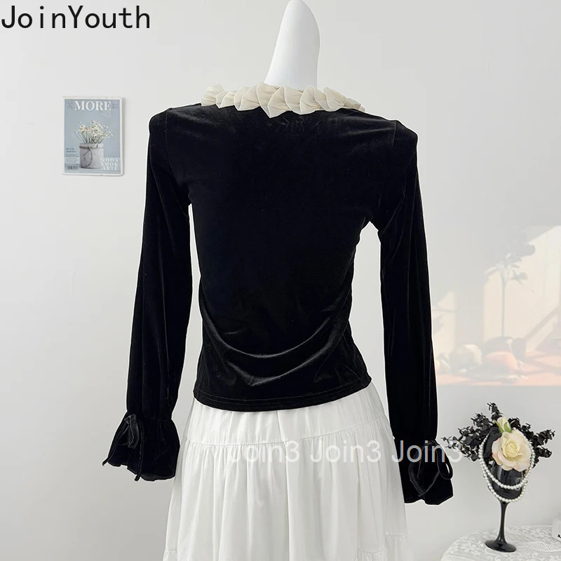 Vintage Blouses 2025 Women Clothing V-neck Long Sleeve Slim Fit Velvet Shirts Camisas De Mujer Fashion Korean Blouse Tops Female