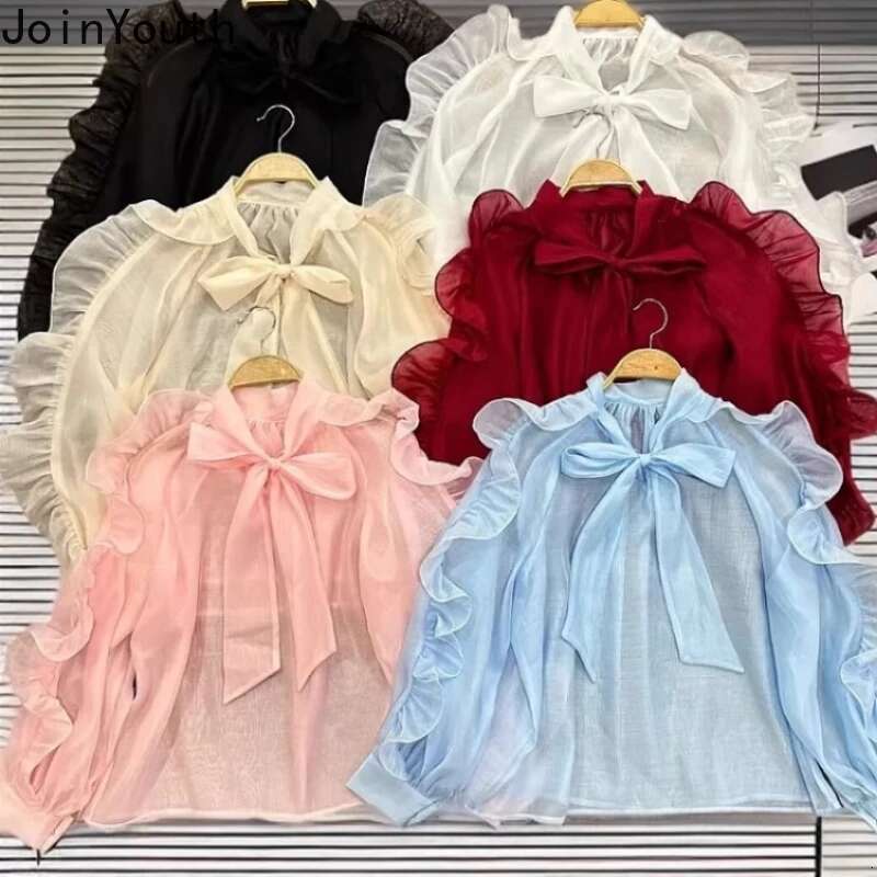 Chic Women Blouses Bandage Bow Chiffon Shirts 2025 Camisas De Mujer Ruffles Long Sleeve Sweet Tops See Through Summer Blouse