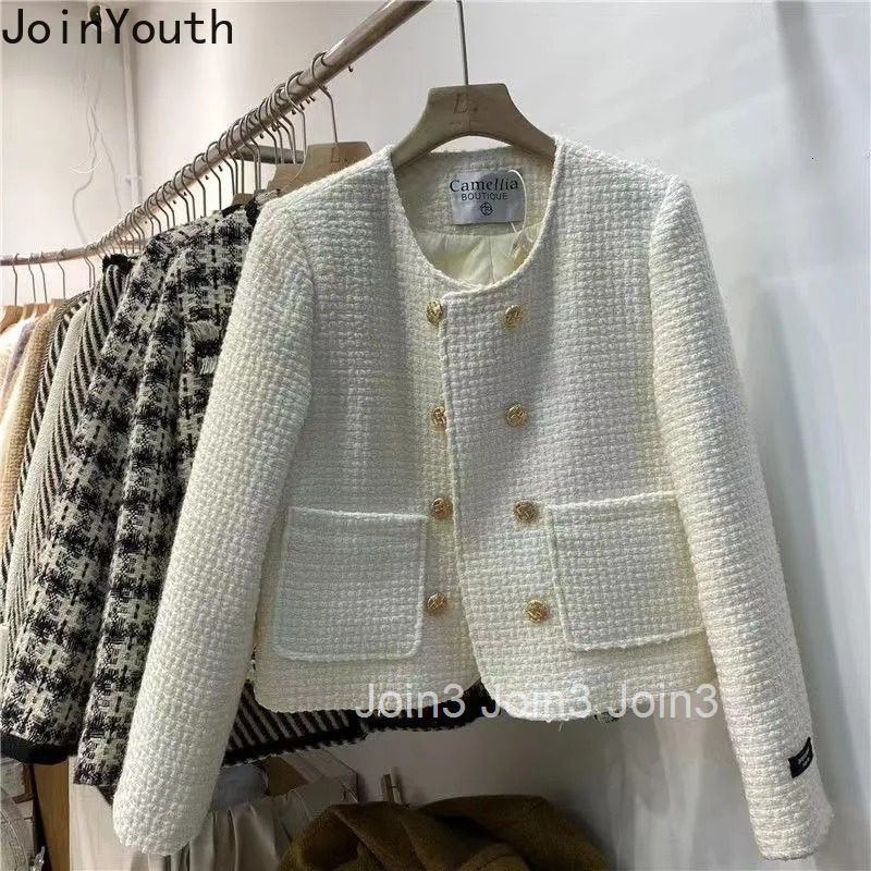 Temperament Ladies Tops Vintage Tweed Jackets Women Clothing O-neck Long Sleeve Double Breasted Crop Coat 2025 Ropa Mujer 27s493