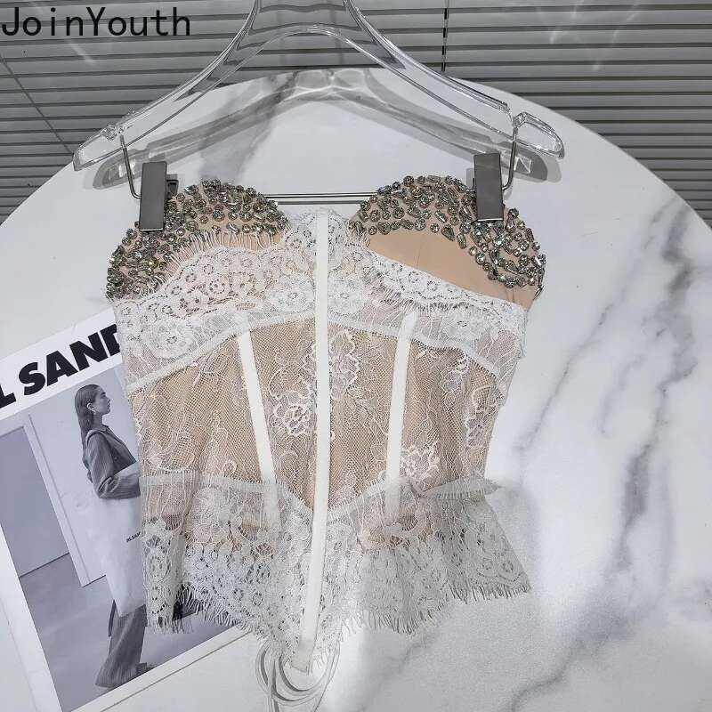 Fashion Tanks Women Heavy Diamond Slim Waist Tees Patchwork Lace Bandage Sexy Vest Crop Tops Backless Y2k Camis 2025 Ropa Mujer