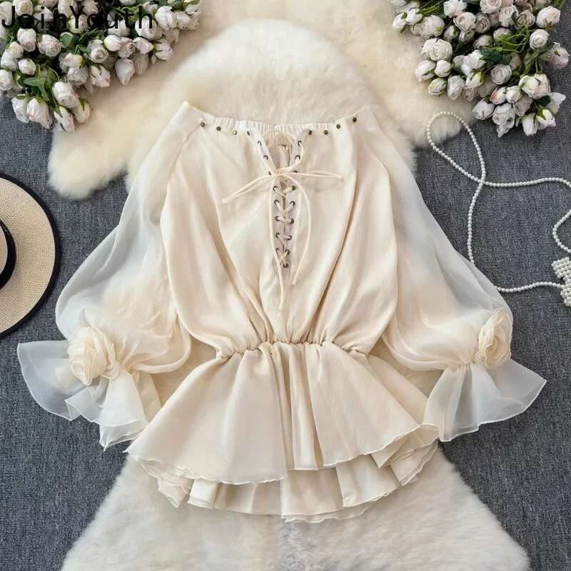 2025 Blusas Mujer De Moda Slash Neck Long Sleeve Blouses Women Clothing Vintage Bandage Tops 3D Floral Fashion Chiffon Shirts