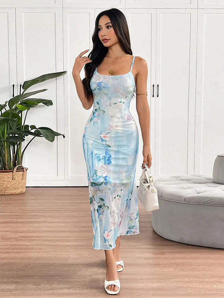 Women Sling Maxi Dresses Summer Streetwear Fashion O-Neck Print Dress Sexy Backless Elegant Lady Mesh Dress Knitted Clothing 250617