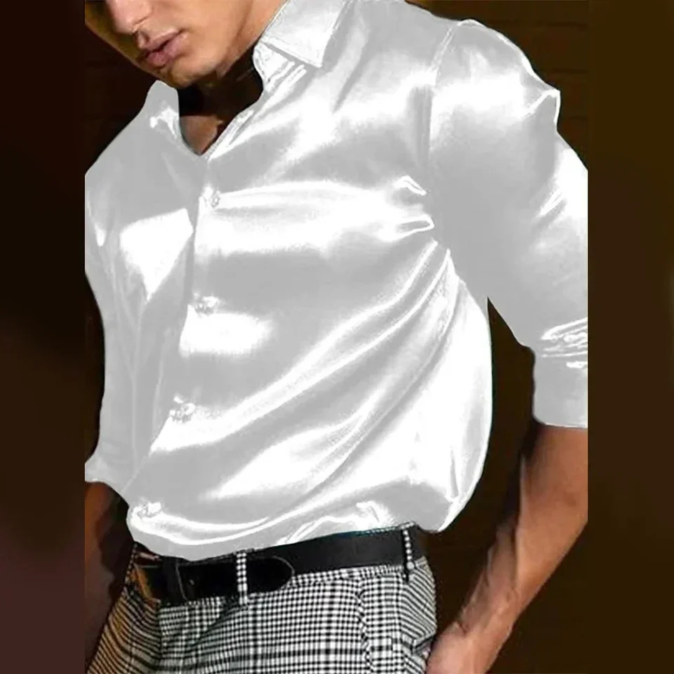 Casual Mens Satin Silky Dress Shirts Long Sleeve Social Single Breasted Turn-Down Collar Shirts Wedding Party Mens Clothing 250618