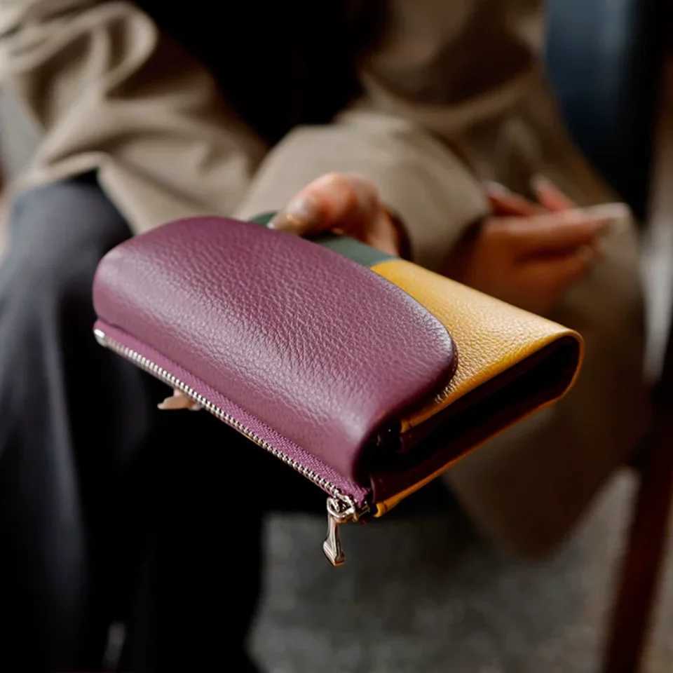 Women Tricolor Wallet Cow Leather Card Holder Clutch Zipper Coin Pocket Short Wallet Cash Purse With Photo ID Window Z250621
