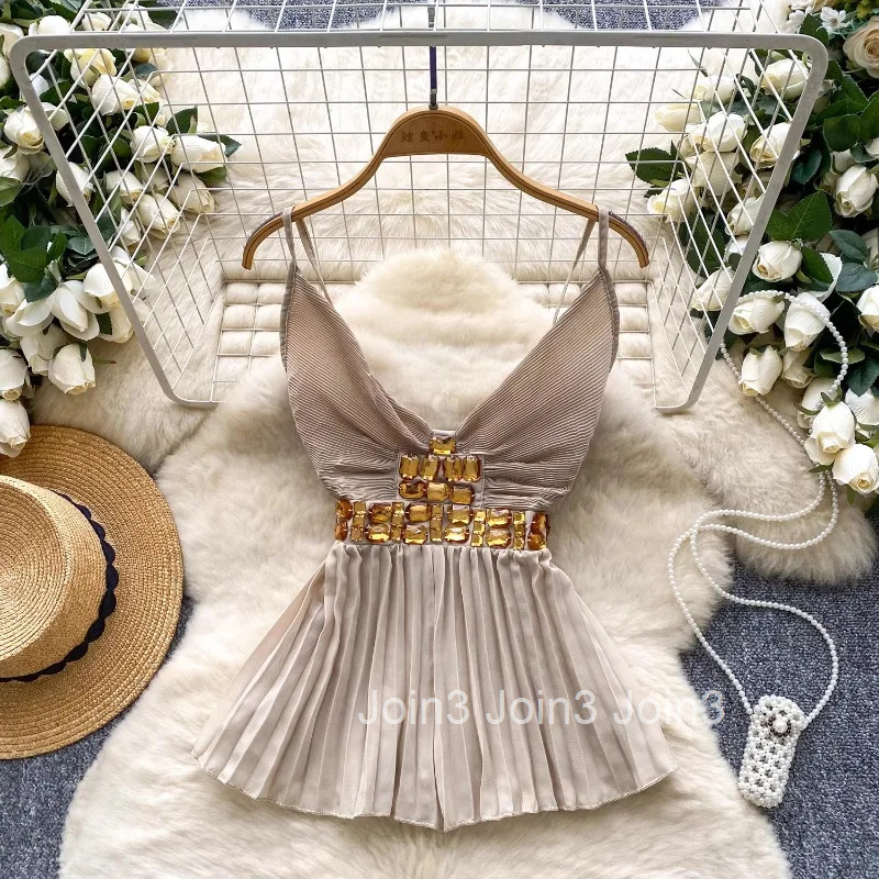 Temperament Vest Womens Clothing Slim Waist Backless Folds Tees Korean Sexy Camis Summer Heavy Diamond Pleated Tanks Ropa Mujer