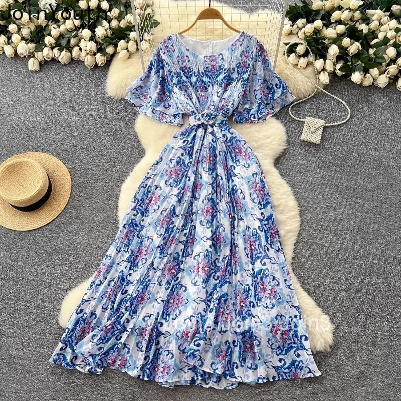 Floral Sweet Maxi Dress O-neck Flare Sleeve Slim Waist Robe Femme Vintage Chiffon Summer Pleated Dresses 2025 Vestidos De Mujer