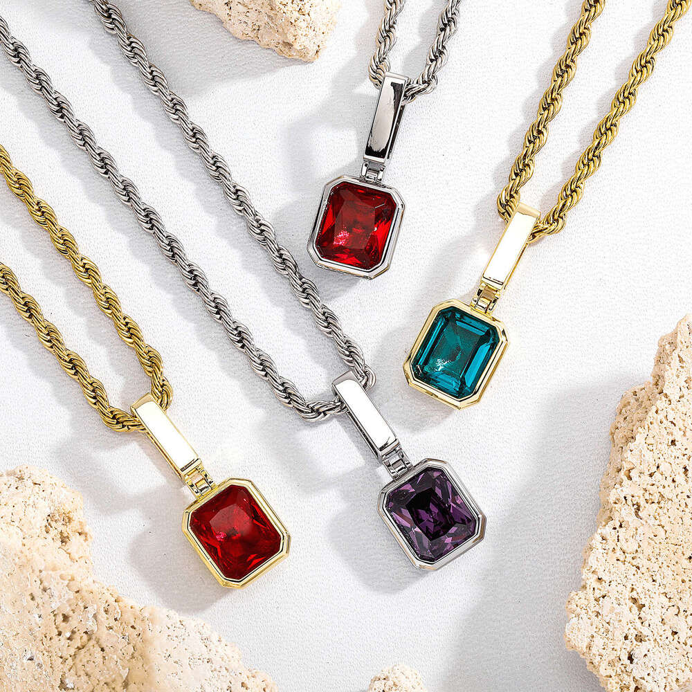 Colorful Solid Large Zircon Pendant National Trend Jewelry Simple Fashion Necklace for Men and Women Daily Trendy Match Premium