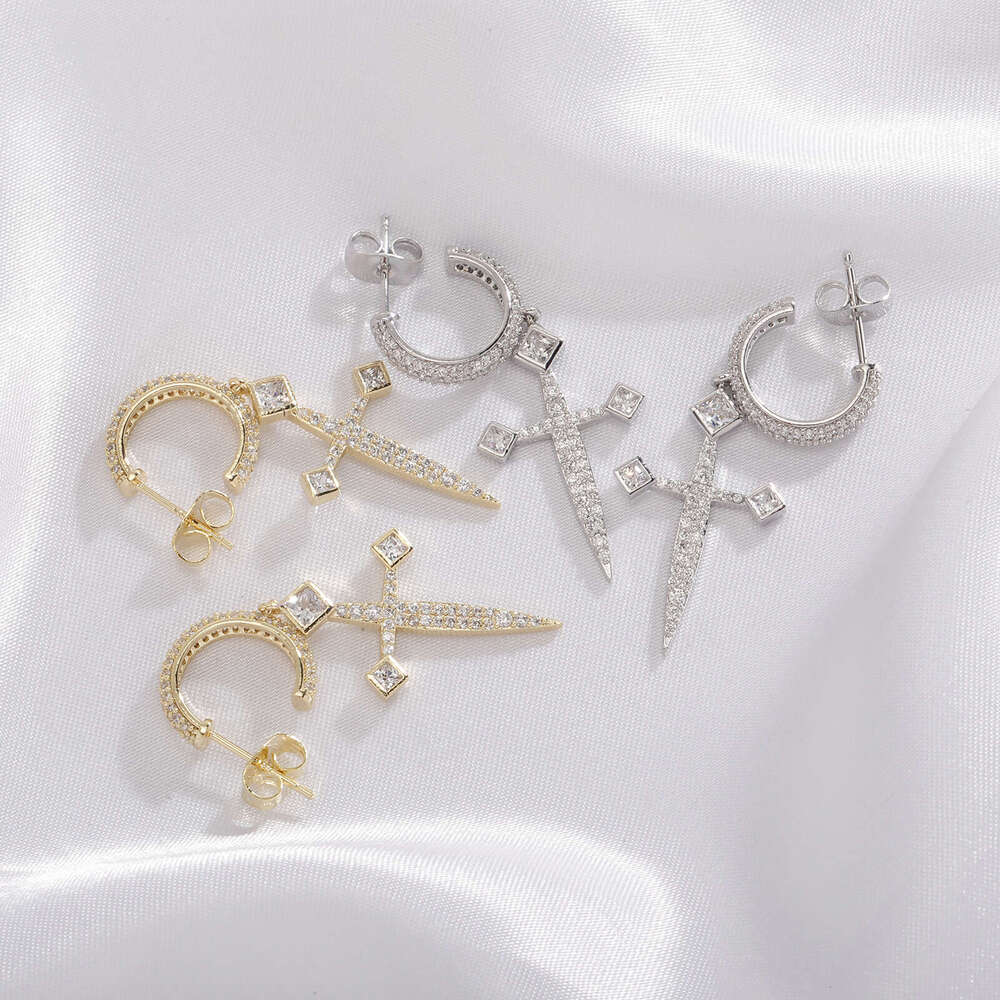 Sier Needle Sword of Justice Full Dia High-end Sense Temperament Stud Dangle Earrings Jewelry for Women