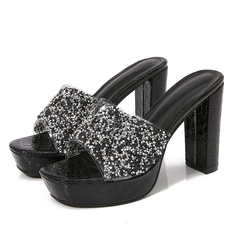 Luxury Brand Designer Shoes Sandals 2024 Ladies Shoes Cross-Border Bohemian New Fashion Rhinestone Slippers Korean Style Thick-Soled High-Heeled Women