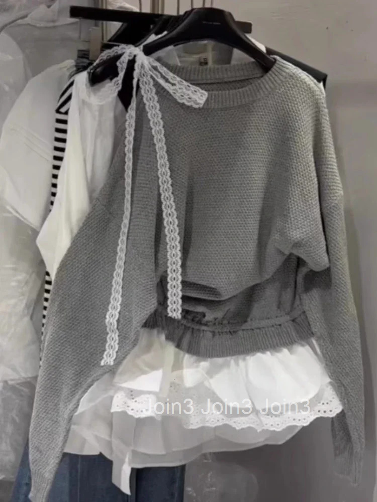 Fake Two Jumper Knitting Pullovers for Women Bandage Lace Patchwork Knitwear Sweater Y2k Tops Off Shoulder Sueter Mujer