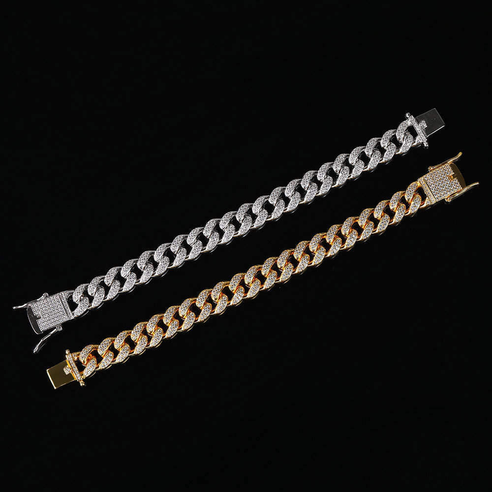 Hip Hop Zircon 12mm Double Row Full Dia Cuban Chain Real Gold Plated High-Quality Men's Bracelet Jewelry ae83