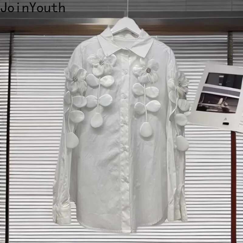 2025 Women Clothing White Long Sleeve Blouses Fashion 3D Floral Loose Shirts Camisas De Mujer Casual Sweet Korean Blouse Tops