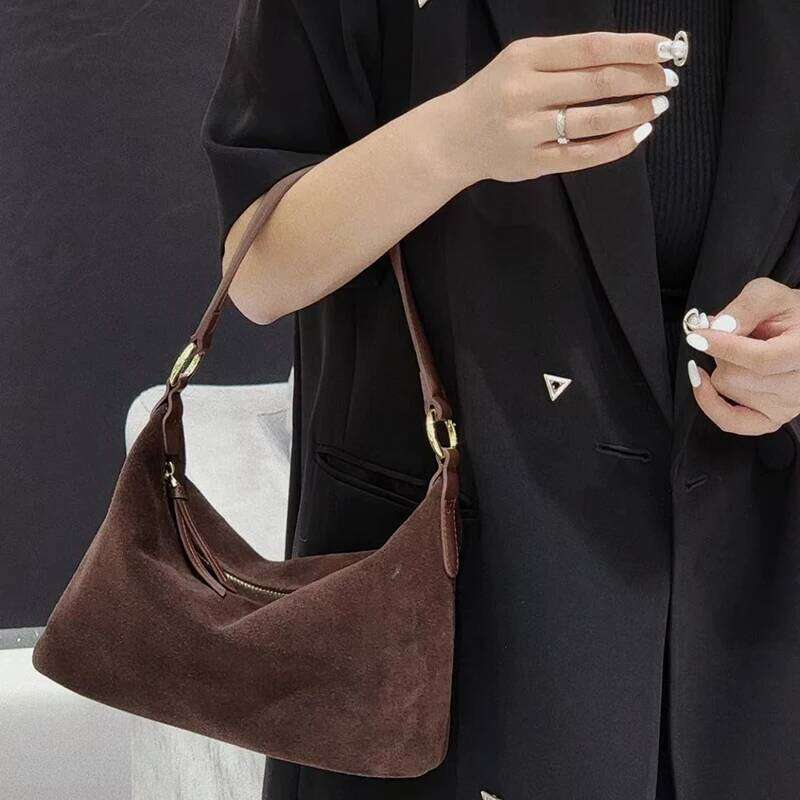 Donna-In Natural Cow Suede Shoulder Underarm Bag Genuine Leather Hobo Crescent Handbag Half Moon Winter Fashion Casual