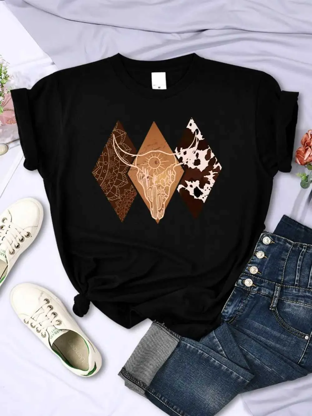 T-Shirts Kawaii Woman Cowboy Style Pattern Printed Short Sleeve Breathable O-Neck Soft T Shirts Summer Street Female Clothes