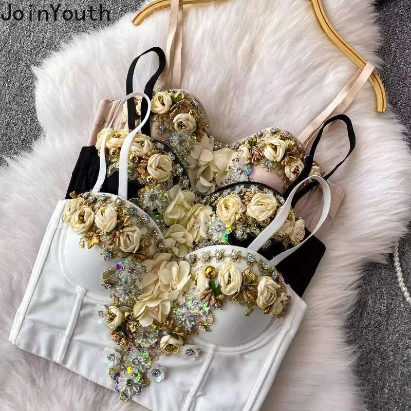 Heavy Diamond Women Tanks Crop Tops Temperament Tees 3D Floral Slim Fit Summer Camis Fashion Korean Summer Sexy Vest Ropa Mujer