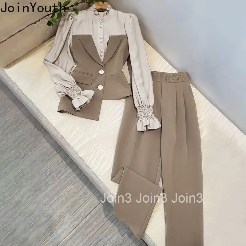 Temperament Pants Outfits Korean 2 Piece Sets for Women Irregular Fake Two Shirt Tunic Pants Suit Roupas Femme Chic Vintage Set