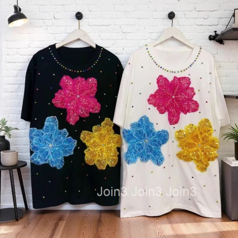 Summer Woman T Shirts Diamond 3D Floral Tees Fashion Korean Loose Camisetas 2025 Ropa Mujer Short Sleeve Casual Sweet Tshirt Top