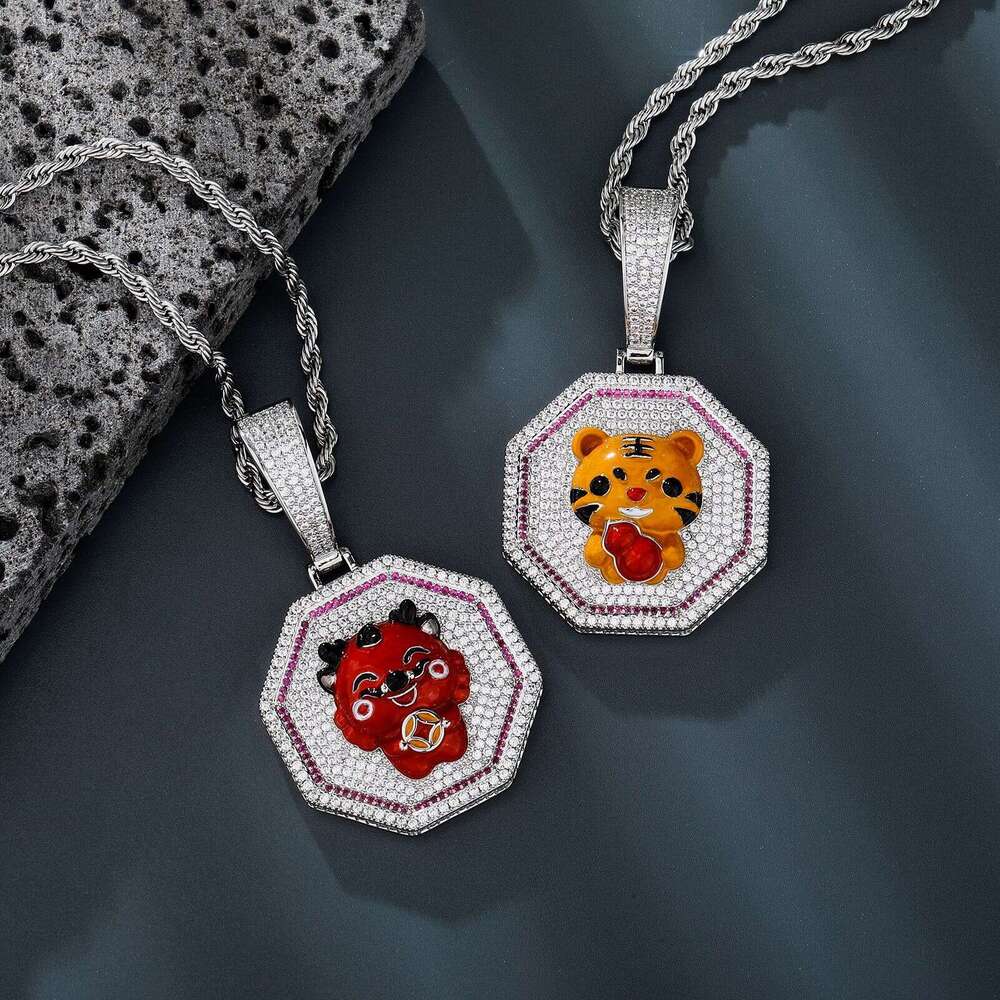 National Trend Hip-Hop Year Dragon Tiger Necklace Full Zircon Oil Painting Mini Zodiac Pendant Gold Jewelry