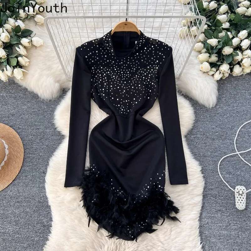 Temperament Sexy Robe Femme Half High Collar Tunic Dresses for Women 2025 Vestidos De Mujer Feather Diamond Bodycon Mini Dress