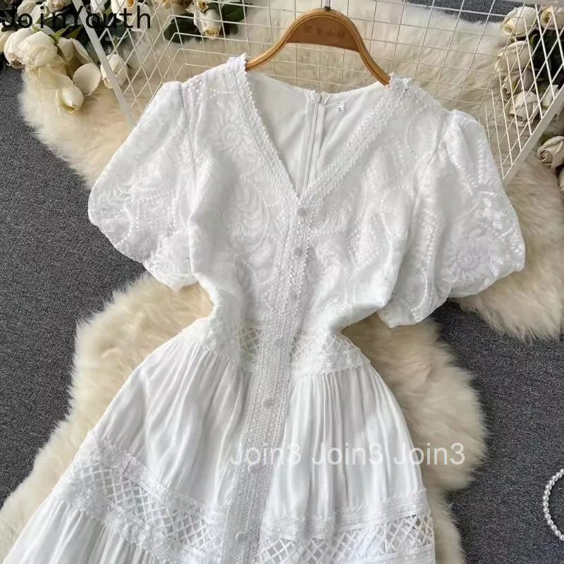 Summer Dress for Women Sweet Puff Sleeve V-neck Tunic Roe Femme Vintage Hollow Out A-line White Dresses 2025 Vestidos De Mujer