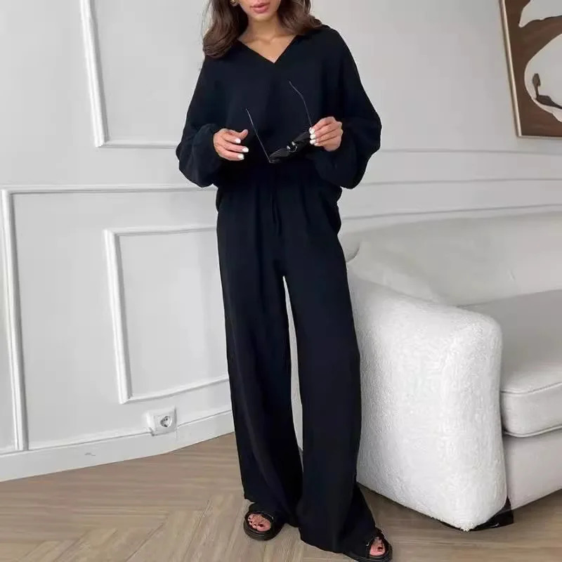 Loose Top Two Piece Set Women White Long Sleeve Tops Lace Up Wide Leg Pant Sets Female Turndown Collar Lady Suit Traf Women 250617