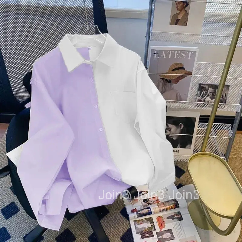 2025 Blusas De Mujer Contrast Color Korean Blouses Long Sleeve Fashion Loose Shirts Preppy Style Casual Vintage Blouse Tops