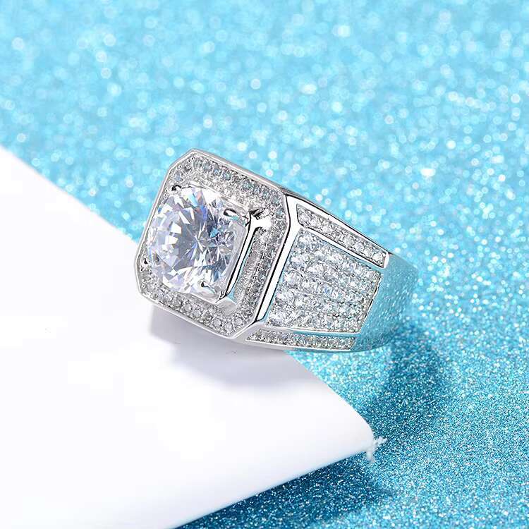 Classic Round Imitated Moissanite Ring Platinum Plated Cubic Zirconia Lab Diamond Ring for Men Wedding Ring Hip Hop Jewelry