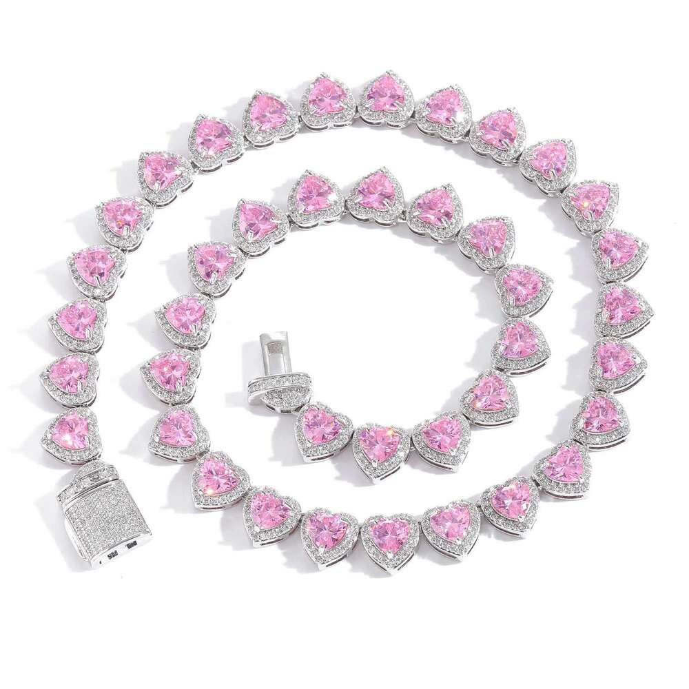 Ins 10mm Heart Micro-Paved Pink Zircon Necklace Personality Sweet Women's Hip-Hop Accessories 318a