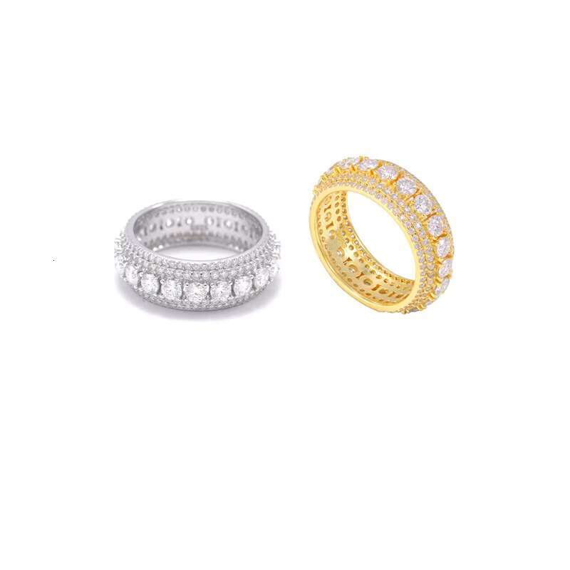 Hip Hop Engagement 925 Silver Gold Plated 5 Rows VVS Moissanite Diamond Eternity Size 8 Wedding Ring