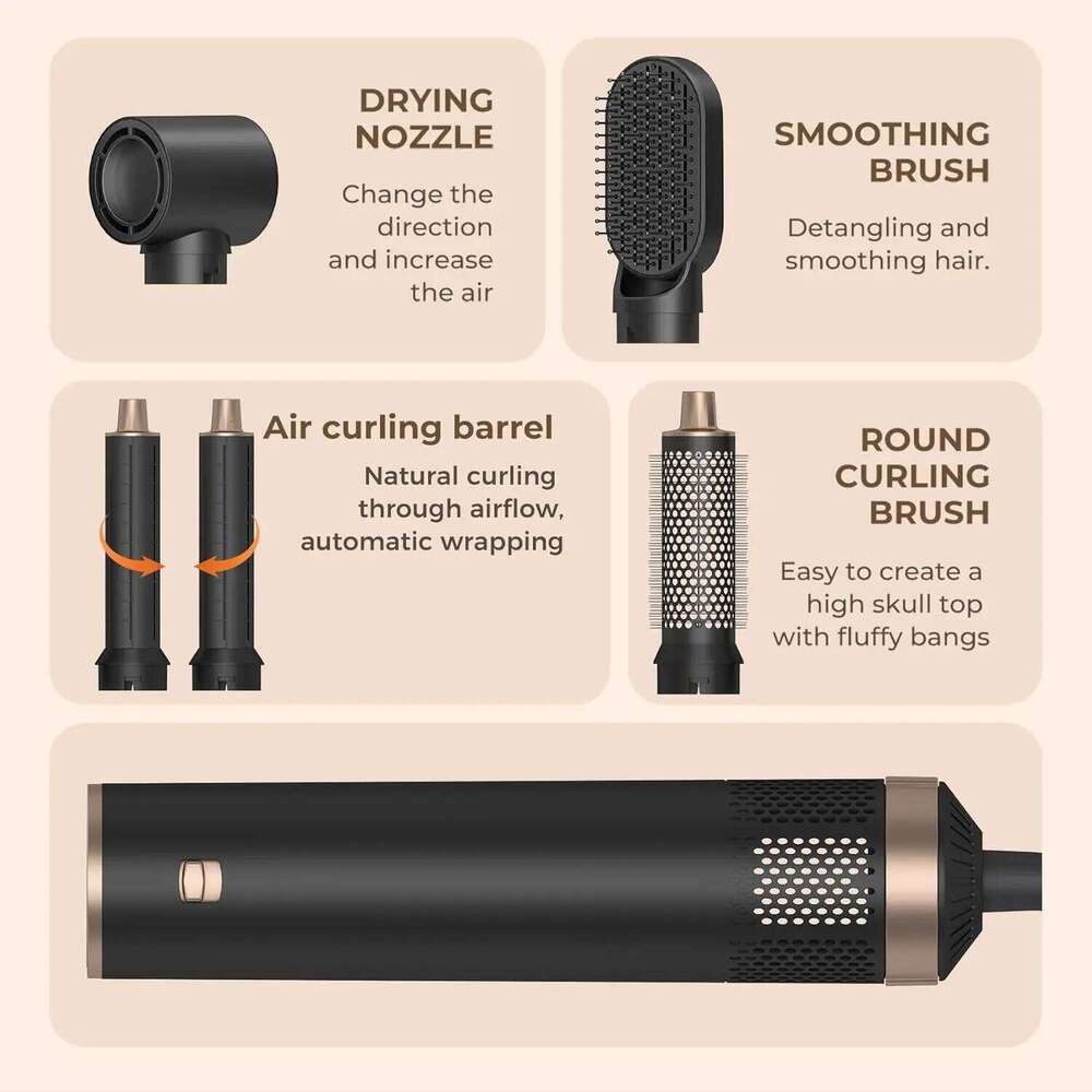 5 In 1 Hot Air Comb Professional Curling Iron Straighten High Speed Hair Dryer Volumizing With Detachable Attachments